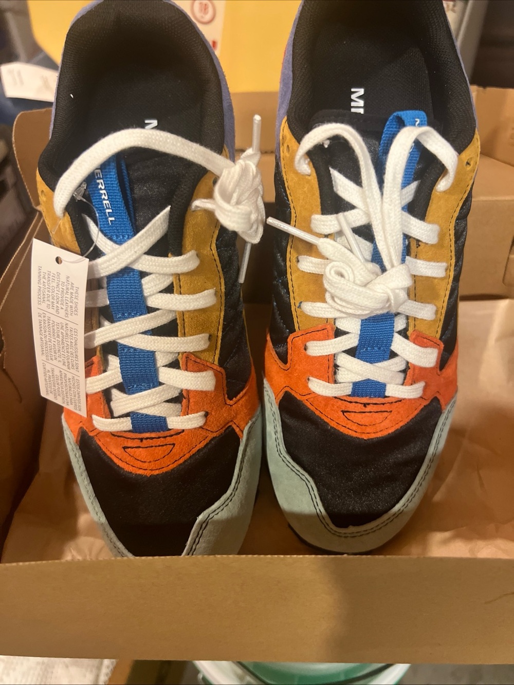 Merrell Men’s Suede & Textile Colorblock Sneakers — Orange, Yellow, Blue, Black